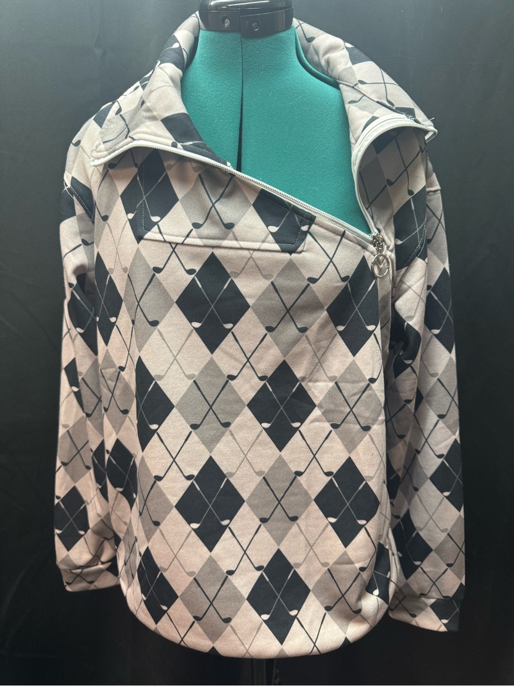 Women’s Black & Cream Argyle Zip Pullover Long-Sleeve Top